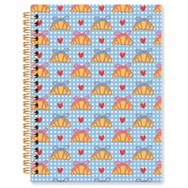 KRHFG Blue Checkered Croissant Spiral Notebook, Croissant Lover Gifts Journal, Cute Coquette Bow Bread Journals for Writing, Blue and White Plaid Notebooks for Note Taking, 5.5x8.3 Inch