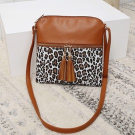FAIRYSAN Leather Crossbody Vintage Sling Handbag Bag Leopard Crossover Bag with Tassel for Women, brown