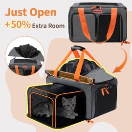 Meowker Cat Pet Dog Carrier Soft Sided Airline Approved, Large Foldable Travel Cat Bag for Kittens & Puppies Up to 15 Lbs, Top Loading Mesh, Expandable Breathable Comfort for Transport Scenarios