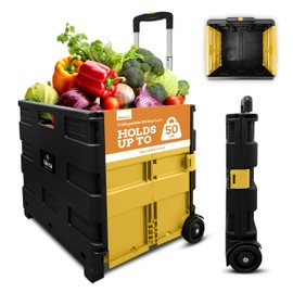 Inspired Living Ultra-Slim Rolling Collapsible Storage Pack-N-Roll Utility-carts, with Telescopic Handle, for Home, Garden, Shopping, Office, School use, Medium, Yellow & Black