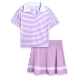 RBX Girls' Athletic Skirt Set - 2 Piece Lightweight Ribbed Polo Shirt and High Waist Skater Skort Set for Girls (Sizes: 7-12), Size 10/12, Taffy Batter