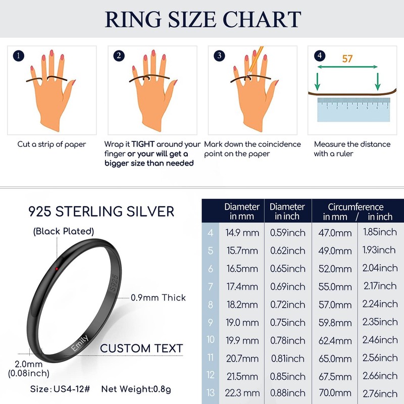 Suplight Black Ring Sterling Silver Stackable Wedding Bands Womens Dainty