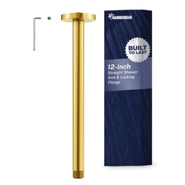 HammerHead Showers Solid Metal 12 Inch Ceiling Mount Shower Arm and Flange with Set Screw, Extra Long Straight Shower Arm for Rain Shower Head, Ceiling-Mounted Rain Shower Arm, Brushed Gold