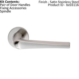Pair Straight Flat Topped Bar Handle on Round Rose - Concealed Fix - Satin Steel | Door Handle Lever on Screwless Rose - Internal Door Hardware - Screws, Fixings and Spindle Included