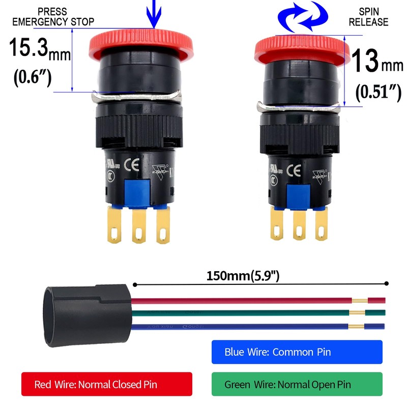 Mini Emergency Stop Push Button Switch 5/8" Hole 16mm 2