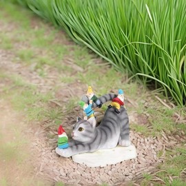 Sraseenomy Cat with Gnome Garden Statues ，Outdoor Lawn & Yard Figurine Cat Sculpture Decorations，for Women Mother Kids，Cat Lover Gifts,Patio, Balcony, Yard, Lawn Ornament
