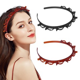 Pack of 2 Headband with Clips, Hair Bobbles with Clips, Headband with Tooth Headband Braid Tool, Hairstyle Aid for Women and Girls, Long and Short Hairstyles (Black + Red)