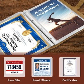 Race Bib Album Book with 40 Protective Sleeves, Runner's Bib Number Organizer, Brown PU Leather