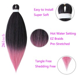 Pre Stretched Braiding Hair, 66 cm, 1 Piece, Ombre EZ Braids, Pre-Stretched Braiding Hair, Synthetic Extensions, Yaki Synthetic Hair, Crochet Twist, Black and Pink