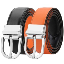 Falari Women Reversible Belt Genuine Leather Fashion Dress Belt With Single Prong Buckle 6027 (Black/Orange, S (fit waist 26-30))