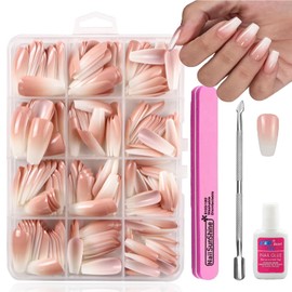240Pcs Natural Gradient Pink False Nails Set - Acrylic Coffin Fake Nails with Glue - Glossy Stick on Nails for Women - 12 Sizes Press On & Glue on Nails Kit