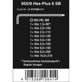 Wera 05073596001 Hex-Plus Hex Key Set 950 PKL/9 BM SB High Torque with Ball-end, Metric BlackLaser, 1.5 mm-10 mm, 9-Piece