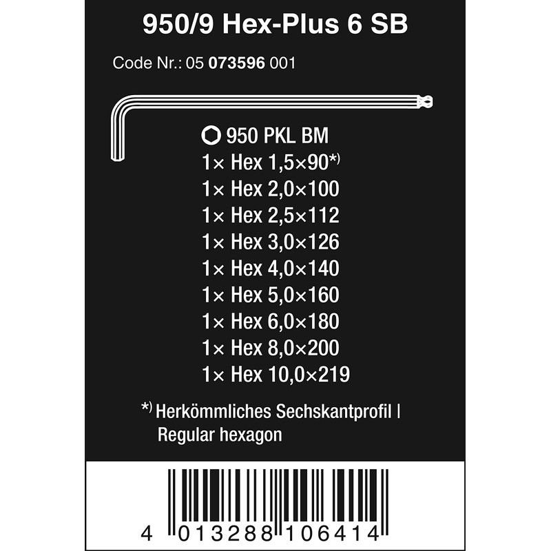 Wera 05073596001 Hex-Plus Hex Key Set 950 PKL/9 BM SB