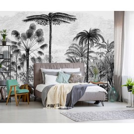 TUNDJ - Black and White Palm Tree Wallpaper Tropical Rainforest Botanical Leaf Wall Mural Living Room Bedroom（Not Peel and Stick）