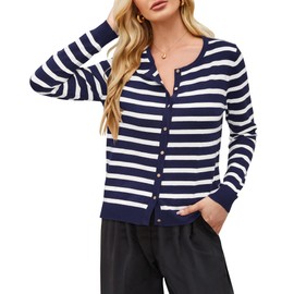 Newshows Women's Striped Cardigans 2025 Spring Fashion Lightweight Sweater Business Work Casual Long Sleeve Cotton Crew Neck Soft Knit Outfits(Navy White-M)