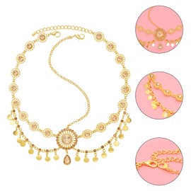 Cleopatra Headpiece - Gold Headpiece, Gold Head Chain, Gold Headpiece Cleopatra, Gold Headband, Egyptian Headpiece, Ethnic Double-layer Coin Head Chain with Tassels and Diamond Flower Forehead Chain