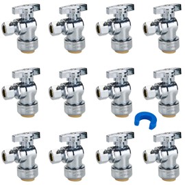 SUNGATOR 1/2" Shut Off Valve, Pushfit Angle Shut Off Water Valve, 1/2" PTC x 3/8" Compression Angle Stop Valve, No Lead Brass Push to Connect with PEX, Copper, CPVC, with 1 Disconnect Clip, Pack of 12