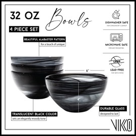 Vikko Soup Bowl, Set of 4 Black Alabaster Bowls, 6" Bowl with Marbelized, Swirl Design, Large 32 Ounce Capacity, Dishwasher Safe