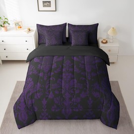 Feelyou Purple Black Vintage Damask Floral Comforter Set with Sheets Gothic Bohemia Floral 7 Piece Bedding Set Full Size for Kids Boys Girls Oriental Antique Bed in a Bag Luxury Flower Bed Set