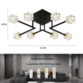 FOVICY Sputnik Crystal Ceiling Light, 8-Light G9 Base Semi Flush Mount Light Fixture, Black and Gold Modern Farmhouse Chandelier for Dining Room, Bedroom, Living Room, Kitchen, Entryway, Hallway