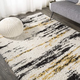 JONATHAN Y SHG102A-4 Nova Modern Bold Strie' Shag Indoor Area-Rug Bohemian Contemporary Abstract Distressed Easy-Cleaning Bedroom Kitchen Living Room Non Shedding, 4 X 6, Beige/Black/Yellow