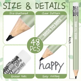 FYSUIMU 48Pcs Bridal Shower Half Pencils with Erasers re Sharpened Sage Green Wedding Short Pencils for Wedding Party Stationery Supplies, 4 Inch
