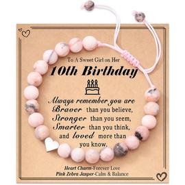Birthday Heart Bracelets Gifts for 10 Year old Girls, Pink Natural Stone Heart Charm Bracelets Gifts for Happy Birthday Girl Daughter Granddaughter Sister Niece (10th Birthday)