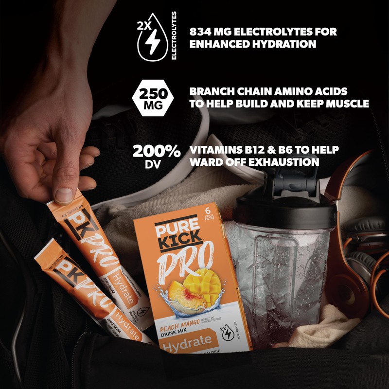 PURE KICK PRO Hydration Electrolyte Drink Mix, Peach Mango, Includes