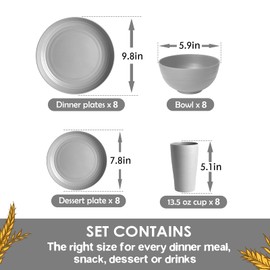 Teivio 32-Piece Kitchen Plastic Wheat Straw Dinnerware Set, Service for 8, Dinner Plates, Dessert Plate, Cereal Bowls, Cups, Unbreakable Colorful Plastic Outdoor Camping Dishes, Light Gray