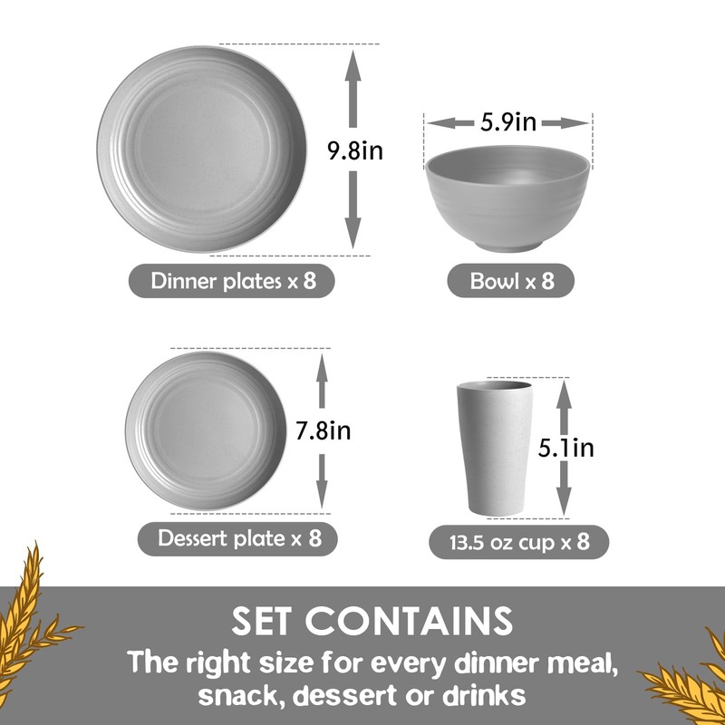 Teivio 32-Piece Kitchen Plastic Wheat Straw Dinnerware Set, Service for