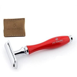 Double Edged Razor with Brass and Aluminium Handle in Red Colour and Leather Cover by Jag Shaving