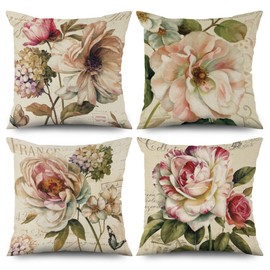 ASDCXZ Cushion Cover Retro Flowers 40 x 40 cm Set of 4 Retro Rose Flower Beige Sofa Cushion Covers Decorative Cushion Covers Washable Polyester Flax Textile Outdoor Cushion Cover