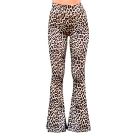 Daisy Del Sol High Waist Comfy Stretch Boho 70s Bell Bottom Fit to Flare Lounge Yoga Pants, Leopard, Small
