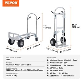 VEVOR Aluminum Folding Hand Truck, 2 in 1 Design Max 800 lbs Capacity, Heavy Duty Industrial Collapsible cart, Dolly Cart with Rubber Wheels for Transport and Moving in Warehouse, Supermarket, Garden - Load Capacity: 1000 lbs