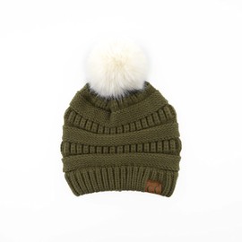 C.C Hatsandscarf Women's Snuggly Soft Yarn Beanie with Soft Faux Color Fur (HAT-7002) Military Olive White