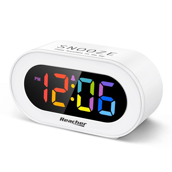 REACHER Small Colourful LED Digital Alarm Clock with Snooze, Easy to Use, Brightness Dimmer, Adjustable Alarm Volume, Compact Clock for Bedroom, Bedside Table, Mains Operated