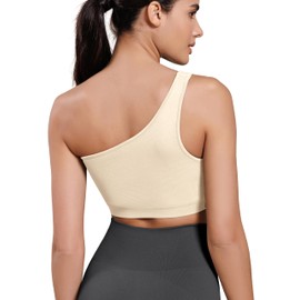 ODODOS Seamless One Shoulder Sports Bra for Women Ribbed Asymmetrical Non Padded Yoga Crop Tank Tops, Ivory, Medium