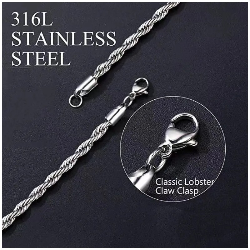 Cadena Torsal 3/4mm Acero Inoxidable Hombre Collar 60cm L