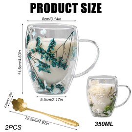 Pack of 2 Latte Macchiato Glasses with Dried Flowers, 350 ml Dried Flowers, Double-Walled Glass Coffee Cups, Double-Walled Glasses with Spoon, Insulated Coffee Cups with Handle for Cappuccino, Tea