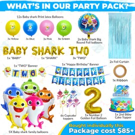 Empire Party Supply ベビーシャーク 2歳の誕生日装飾 ベビーシャーク Two Two Two サメファミリー ホイルバルーン バナー ケーキトッパー ブルーホイルカーテン 男の子 女の子 海がテーマのパーティー用品