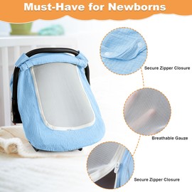 Muslin Cotton Car Seat Cover Baby, Universal Fit Carseat Cover for Baby, Infant Car Seat Cover with Mesh Peep Window, Baby Car Seat Cover for Carrier, Stroller, High Chair, Shopping Cart (Blue)