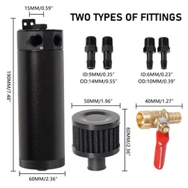 Edicapo Universal Baffled Oil Catch Can Kit 2-Port Reservoir Tank Large Filter Drain Valve 750ml Billet Aluminum Black