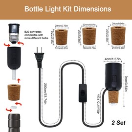 2 PCS Bottle Lamp Kit，DIY Wine Bottle Lamp for Liquor Bottle, Lamp Kits Do it Yourself, Lamp Fittings Kit for Table Lamp Includes 3 Sizes of Stoppers and 2 E27 to B22 Adapter Converter