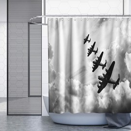 World War 2 WW2 in Color Warplane Theme Cloth Fabric Boys Shower Curtain Sets Bathroom Decor with Hooks Waterproof Washable 72 x 72 inches Gray