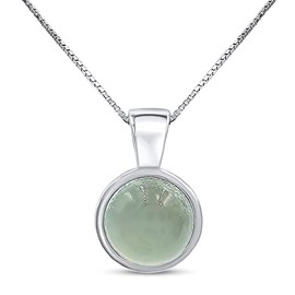 Natural chalcedony 8mm round pendant with white gold over 925 sterling silver bezel cabochon plate and box chain, real genuine dainty birthstone gift for her, uniquelan jewelry (chalcedony)