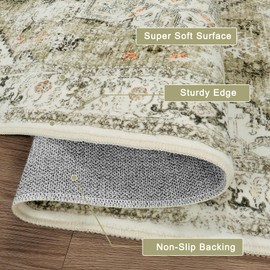 LIVEBOX Washable Area Rug 5x7 - Large Vintage Tribal Living Room Rug Vintage Non-Slip Indoor Rug for Bedroom,Low-Pile Retro Carpet Print Distressed Accent Rug for Nursery Entryway Office, Sage