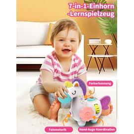 Fullware Baby Motorikwürfel Montessori Spielzeug 7-in-1 Einhorn Kuscheltier Feinmotorik Aktivitäts Pädagogisches Lernspielzeug Motorikspielzeug Activity Würfel Geschenk für Mädchen 6-18 Monate