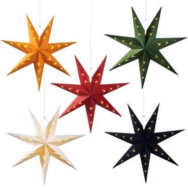 5PCS Flocked Paper Star Lantern with Lights Christmas Paper Stars Light 12 inch Hanging 3D Christmas Paper Star Lampshade 7 Points Paper Star Lights Foldable for Xmas Wedding(with Light String)