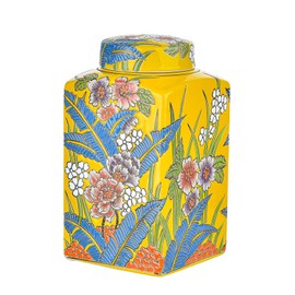 Sungmor Decorative Ceramic Ginger Jar with Lid, Square Ceramic Storage Jar Tea Canister, 8.2" Hand Painted Floral Pattern Porcelain Vase for Table Centerpiece, Yellow Glazed Ginger Jar for Home Decor