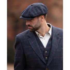 WALKER AND HAWKES - Men's Green Sage Derby Tweed 8-Panel Charlie Baker Boy Style Teflon Coated Cap - Blue Tweed - XL (60cm)